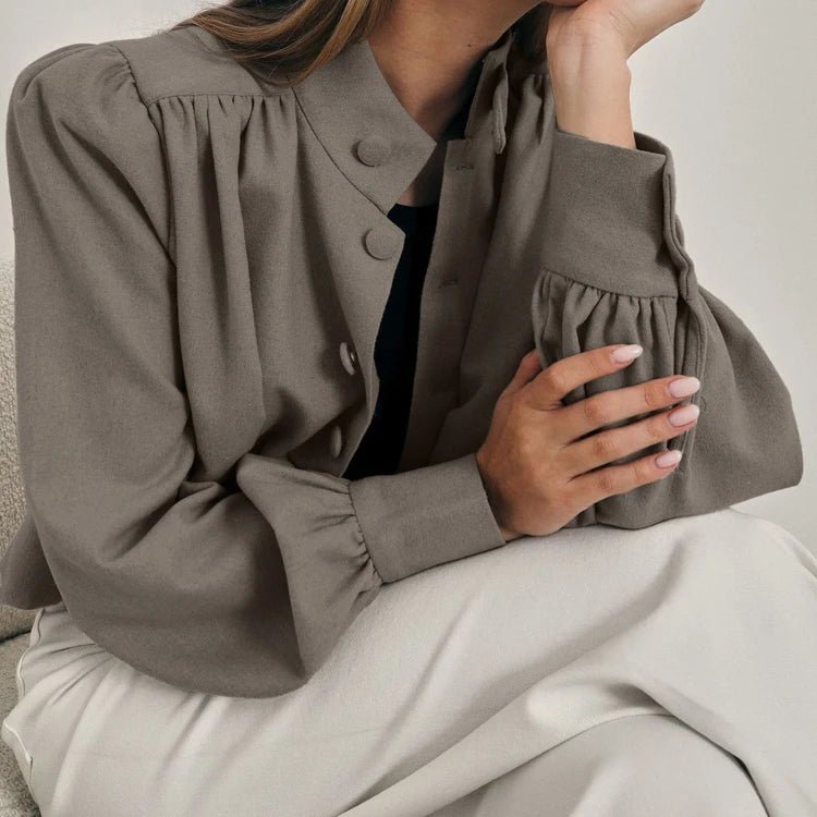 Khaki Linen-Blend Cropped Blazer Cardigan, Button-Up, S–L - image 3