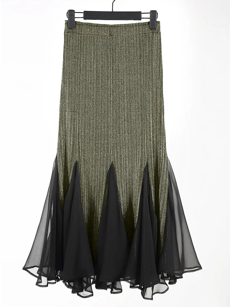 Bettergirl Summer New Pleated Fishtail Sand Skirt Mesh Ankle Drape Pleated Skirt High