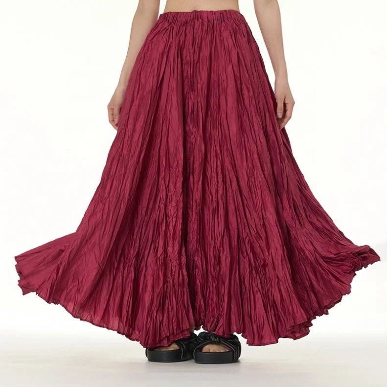 Elegant Drape Crumpled Breathable Acetate Fibre Women Summer Elastic Waist Big-Hem Long