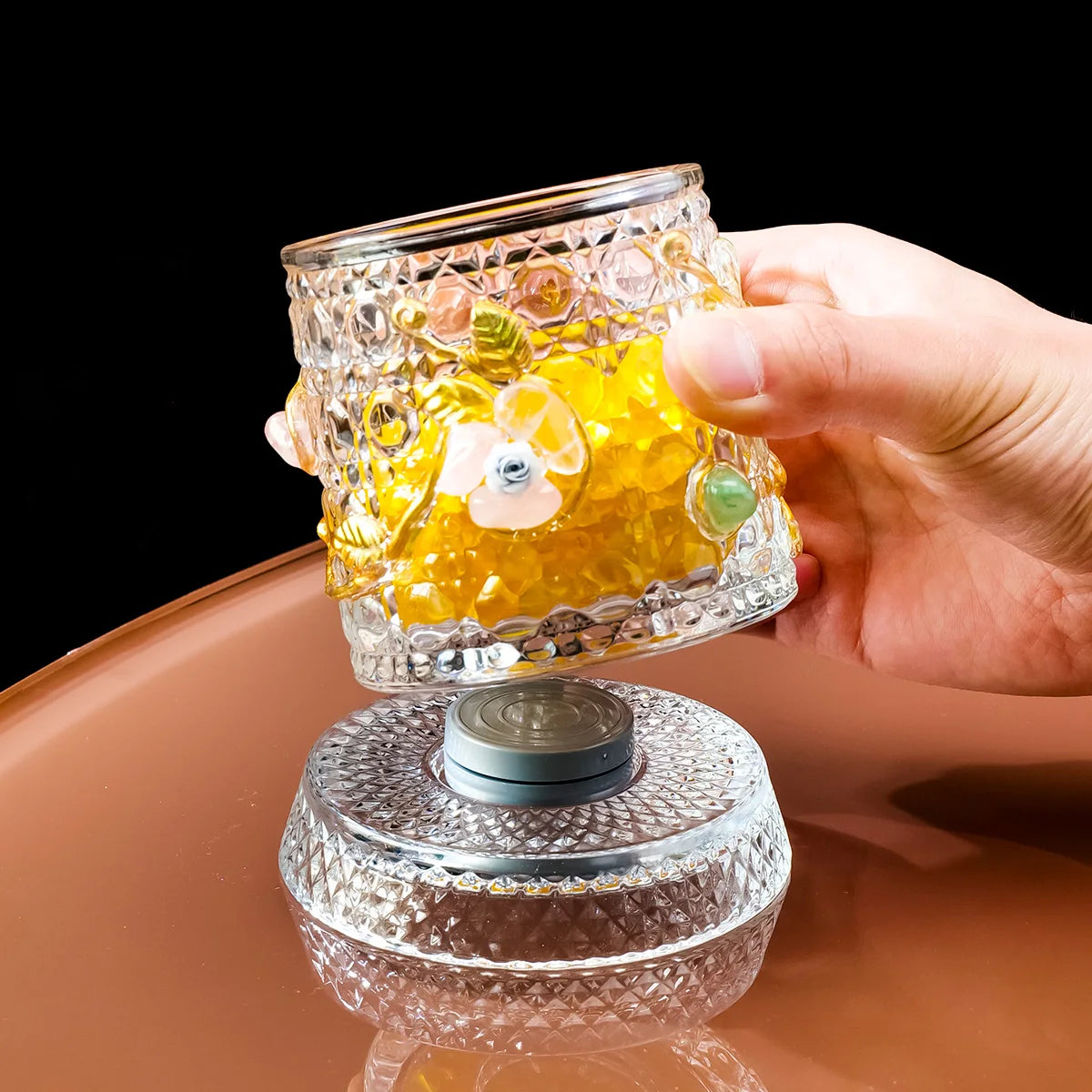 Rotating Glass Cup with Natural Crystal Inlay Handcrafted Luxury Whiskey Tumbler for Home