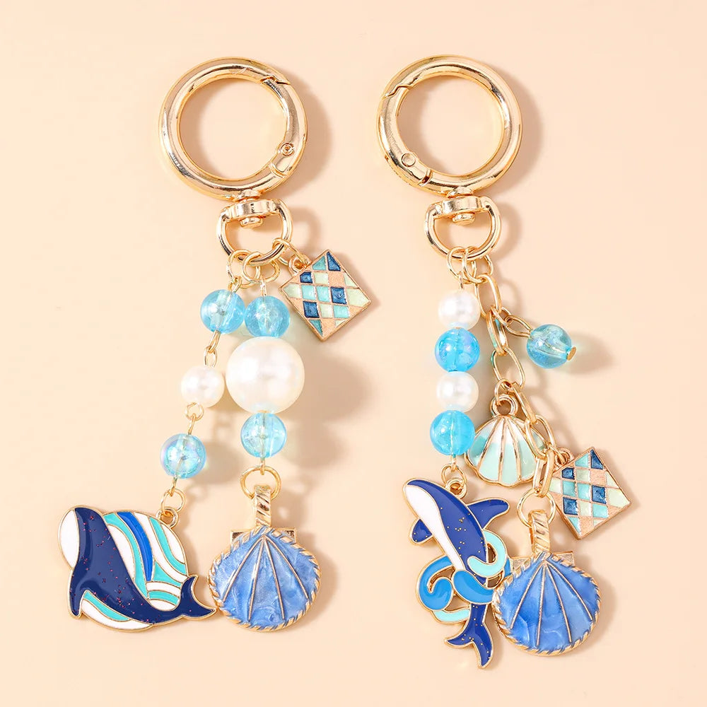 Fashion Ocean Keychain Shell Whale Shark Metal Charms Keyring Pearl Beaded Dangle Beach