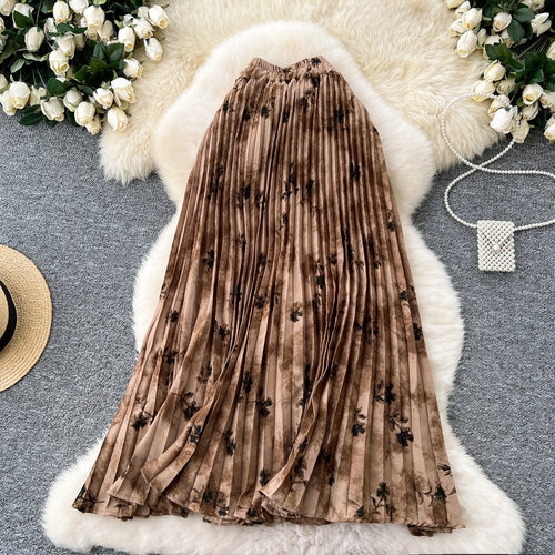 Vintage Floral Printed Pleated Skirt for Women Autumn Winter High Waist Slimming A-line
