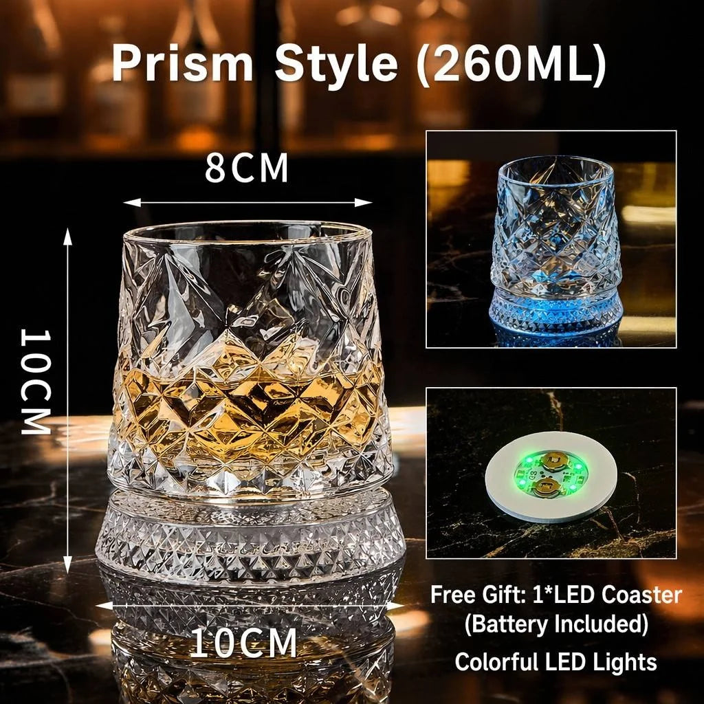 360 Degree Spinning Whiskey Glass with Colorful LED Light Up Base for KTV Bar Home Decor