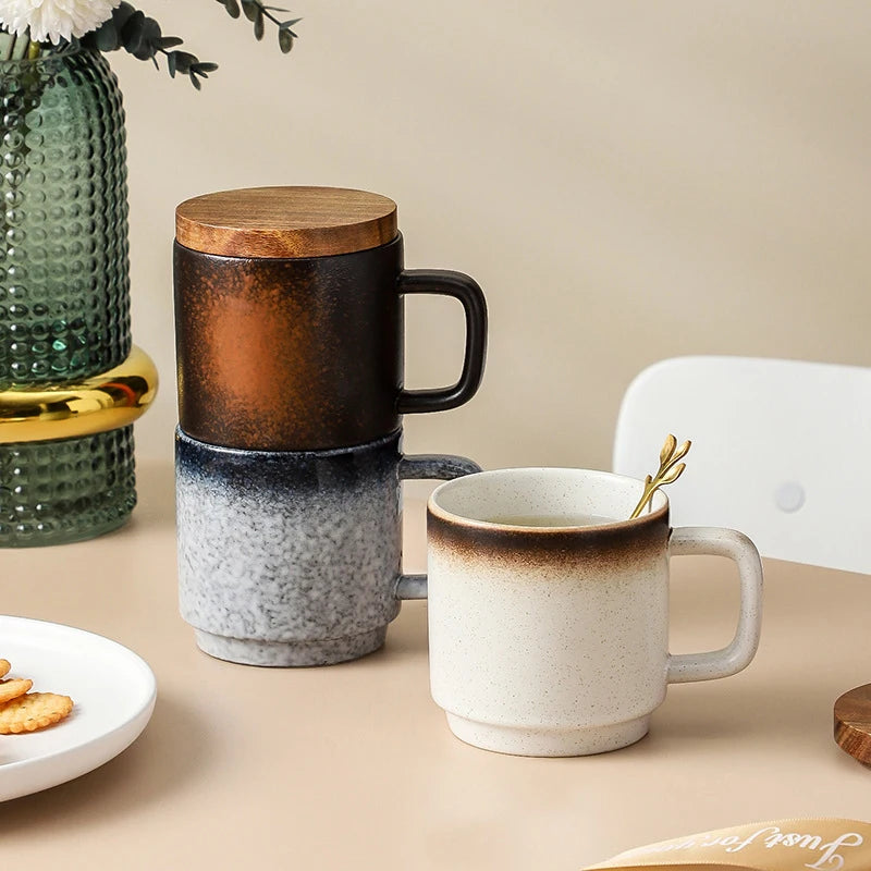 Stackable Vintage Ceramic Coffee Mug with Optional Wooden Lid - image 3