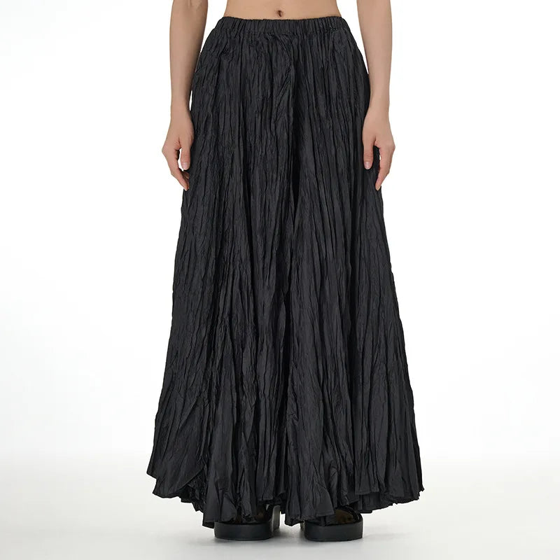 Crinkled Acetate Umbrella Maxi Skirt with Elastic Waist, Free Size