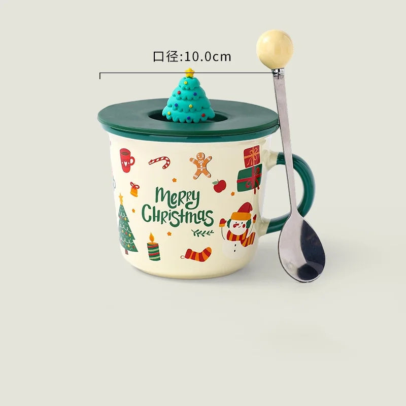 Christmas Porcelain Ceramic Coffee Mug with Lid and Spoon Eco-Friendly Glaze for Drink