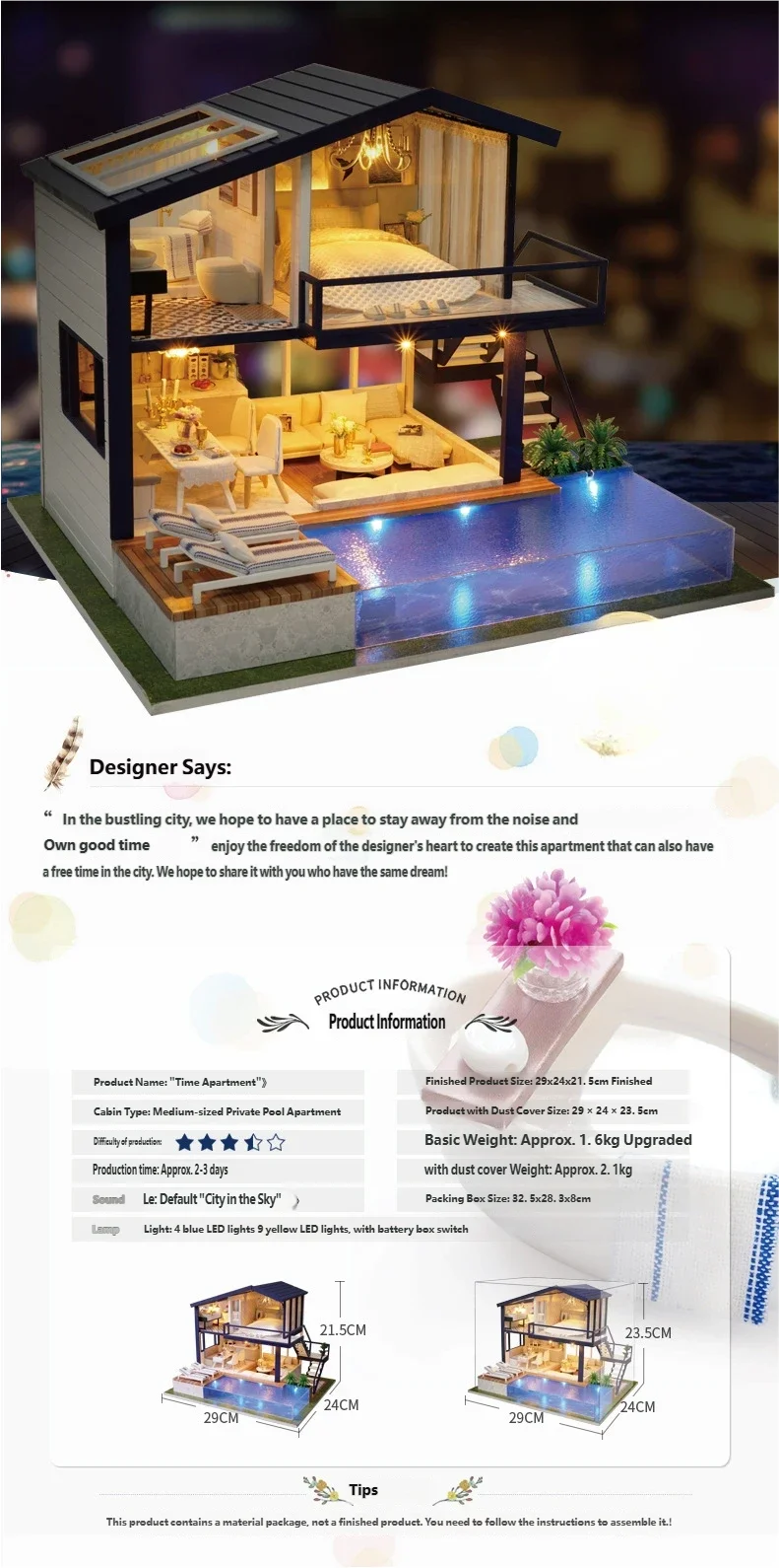 [ New] DIY Wooden Villa Model 'Time Apartment' Creative Dollhouse Kit Sets Birthday