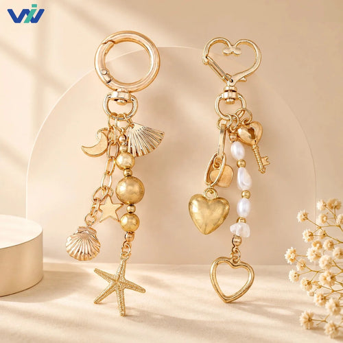 Creative Moon Star Starfish Keychain Pearl Beaded Heart Key Ring Fashion Backpack Charms