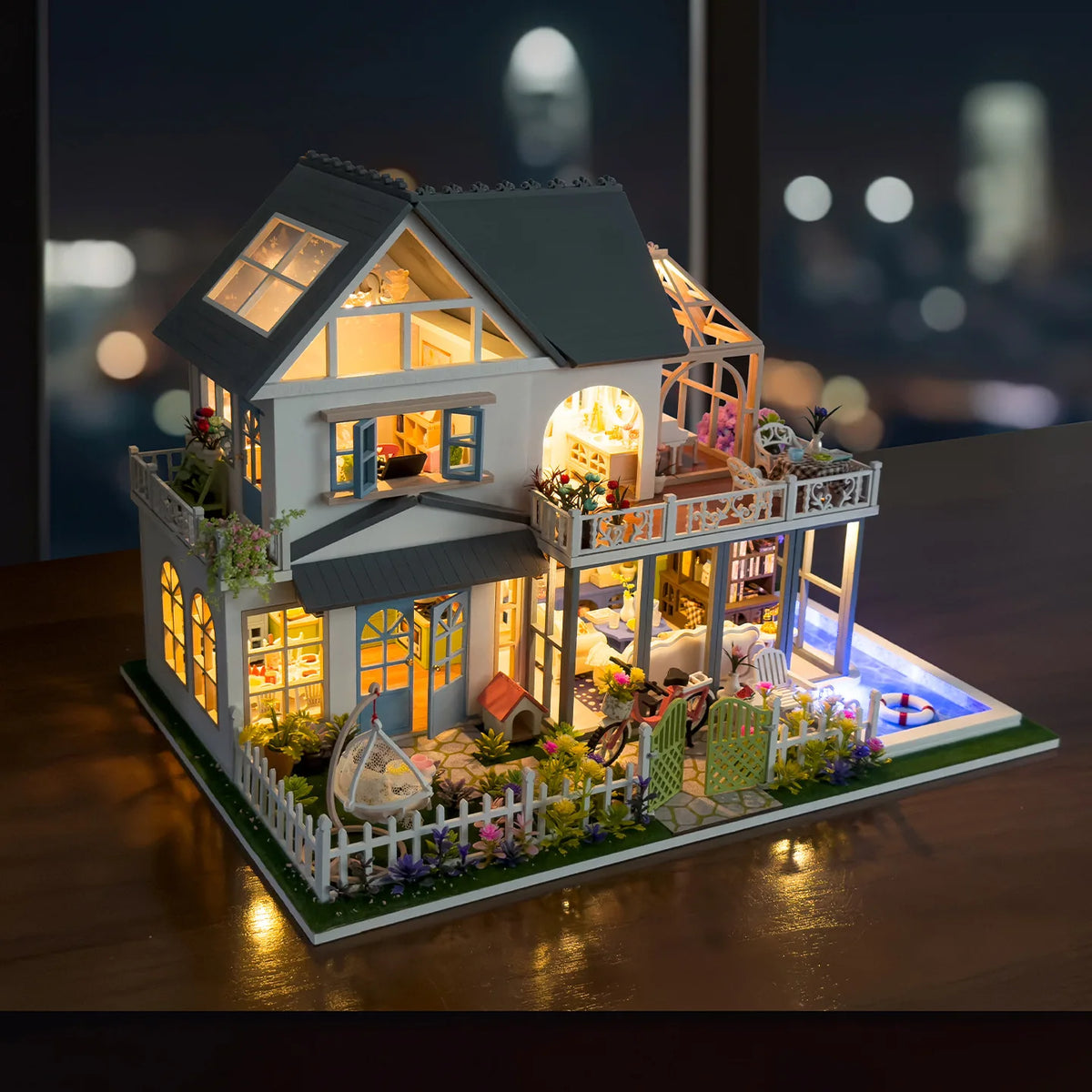 DIY Wooden Miniature Cottage Kit with LED Lights and Pool, 1:48 Scale - image 2