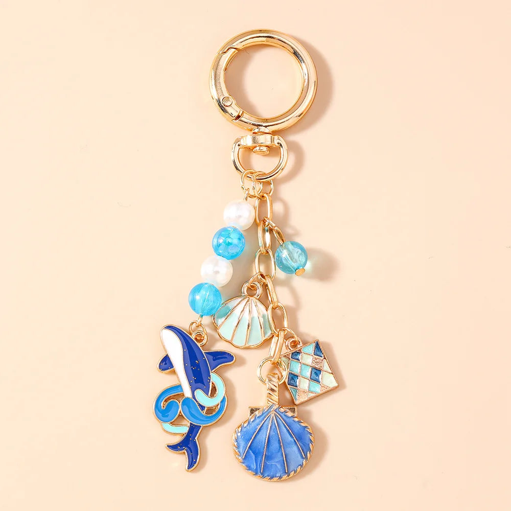 Whale or Shark Ocean Keychain with Shell Charm and Pearl Beads