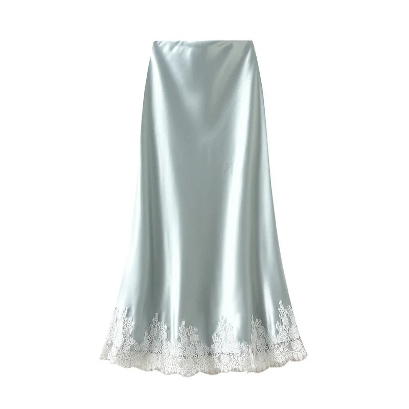 Satin Lace Patchwork Long Skirt with Elastic Waist, Ankle Length - image 8