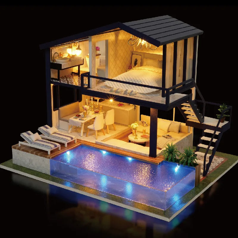 Time Apartment DIY Wooden Villa Dollhouse Kit, Optional Dust Cover