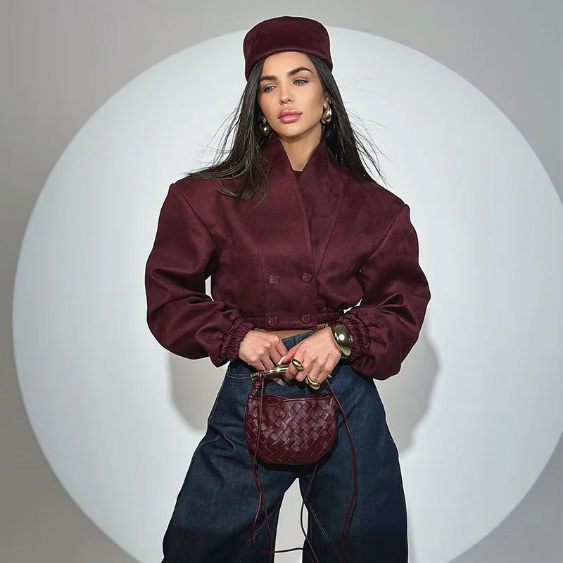Burgundy Suede Cropped Blazer with Puff Shoulders, Double-Breasted - image 4