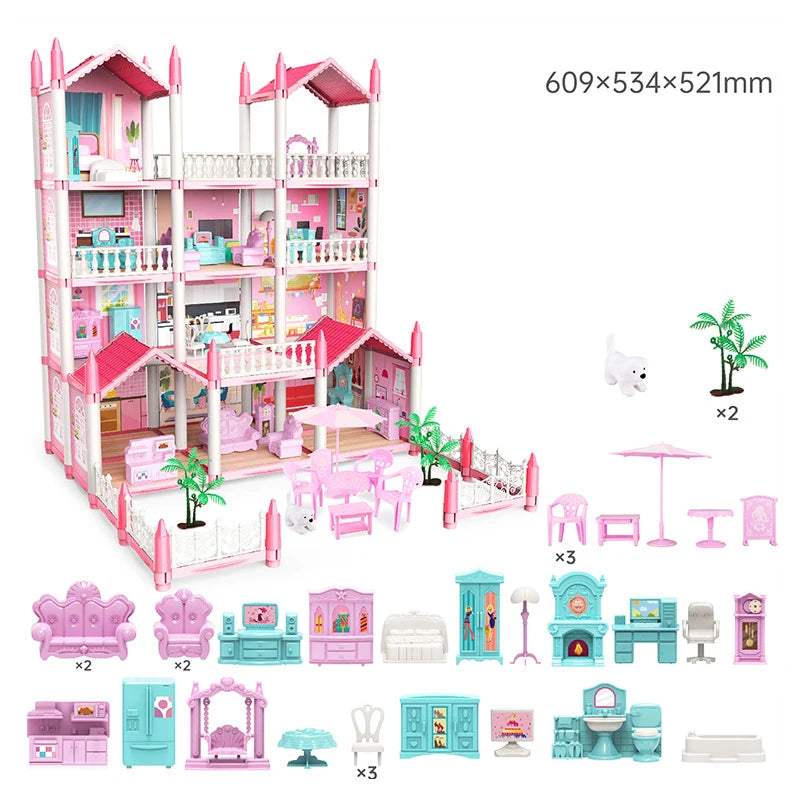 Big Plastic DIY Rattan Baby Doll House Kits Miniature Furniture Kitchen Price Toys Villa