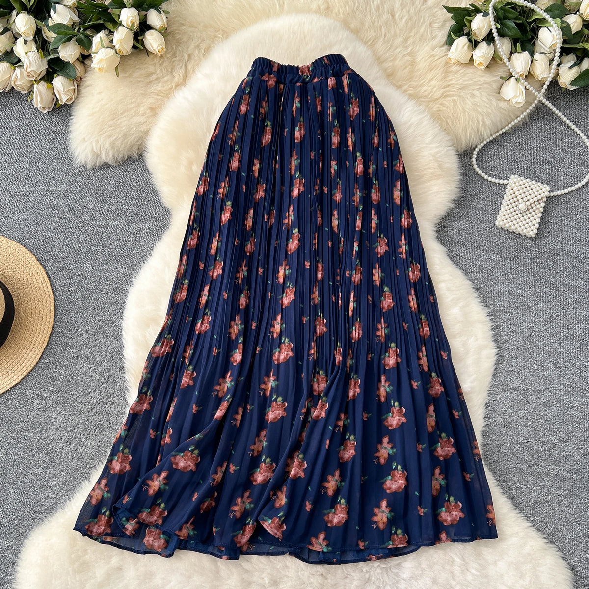 Floral or Solid Chiffon Draped Straight Skirt, High Waist - image 9