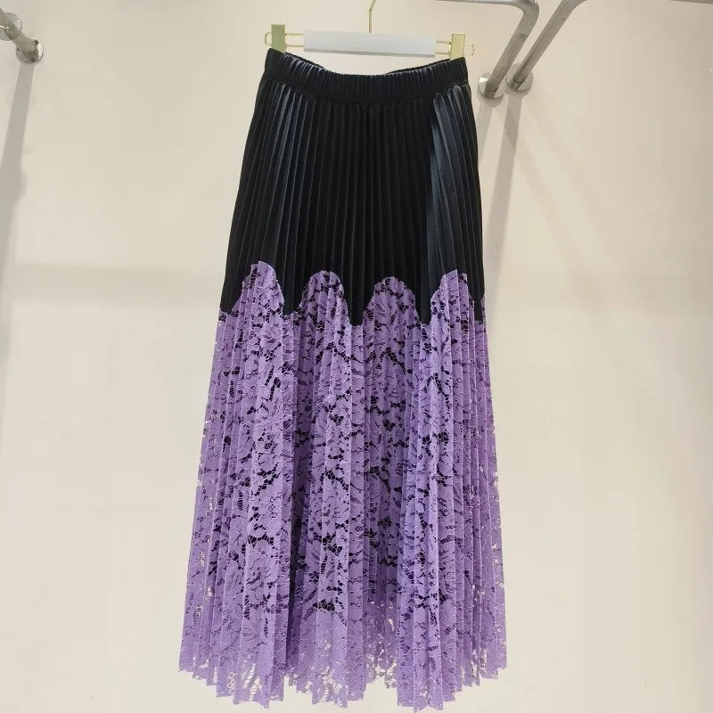 French-Style Lace Patchwork Pleated Wrap Skirt, Floor-Length - image 3