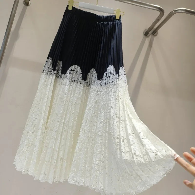 French-Style Lace Patchwork Pleated Wrap Skirt, Floor-Length - image 4