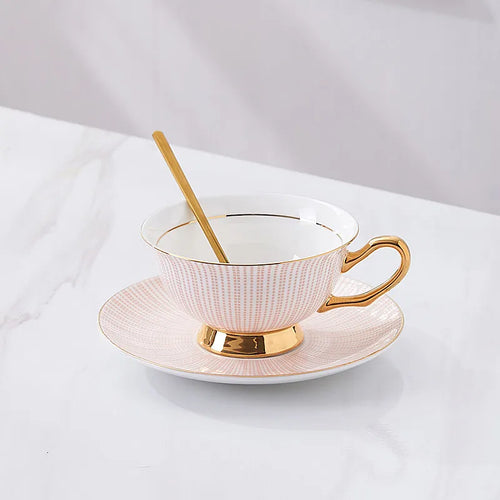 Nordic Striped Bone China Cup and Saucer Set with Golden Spoon