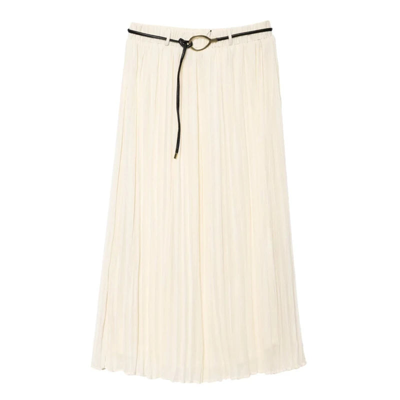 Taop&za Summer New Women's Elastic High Waist with Belt Drape Pleated Long Skirt Midi