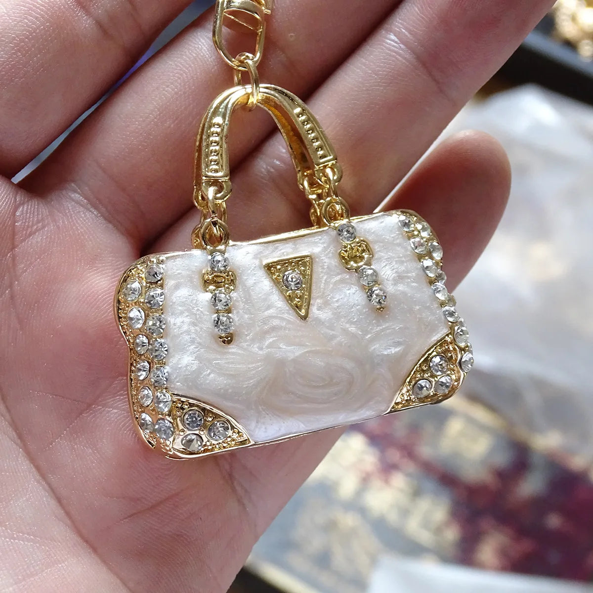 Enamel Mini Bag Keychain Charm with Rhinestones and Cloud Pattern - image 8