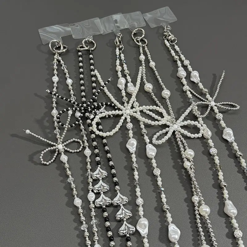 Silver Pearl Bow Long Phone Necklace Chain Crossbody Strap Beaded CCD Camera Bag Lanyard