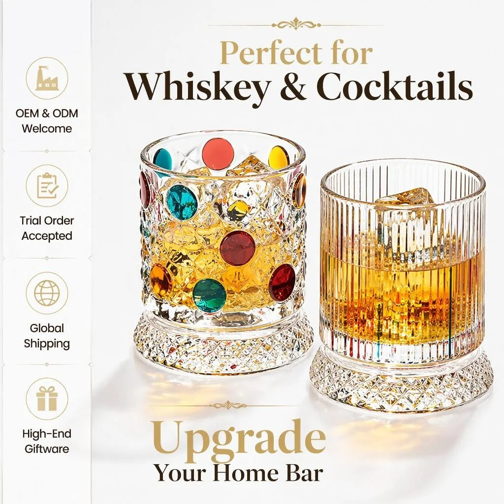 Hand-Painted Crystal Whiskey Glass with Rotatable Base, 10 Styles
