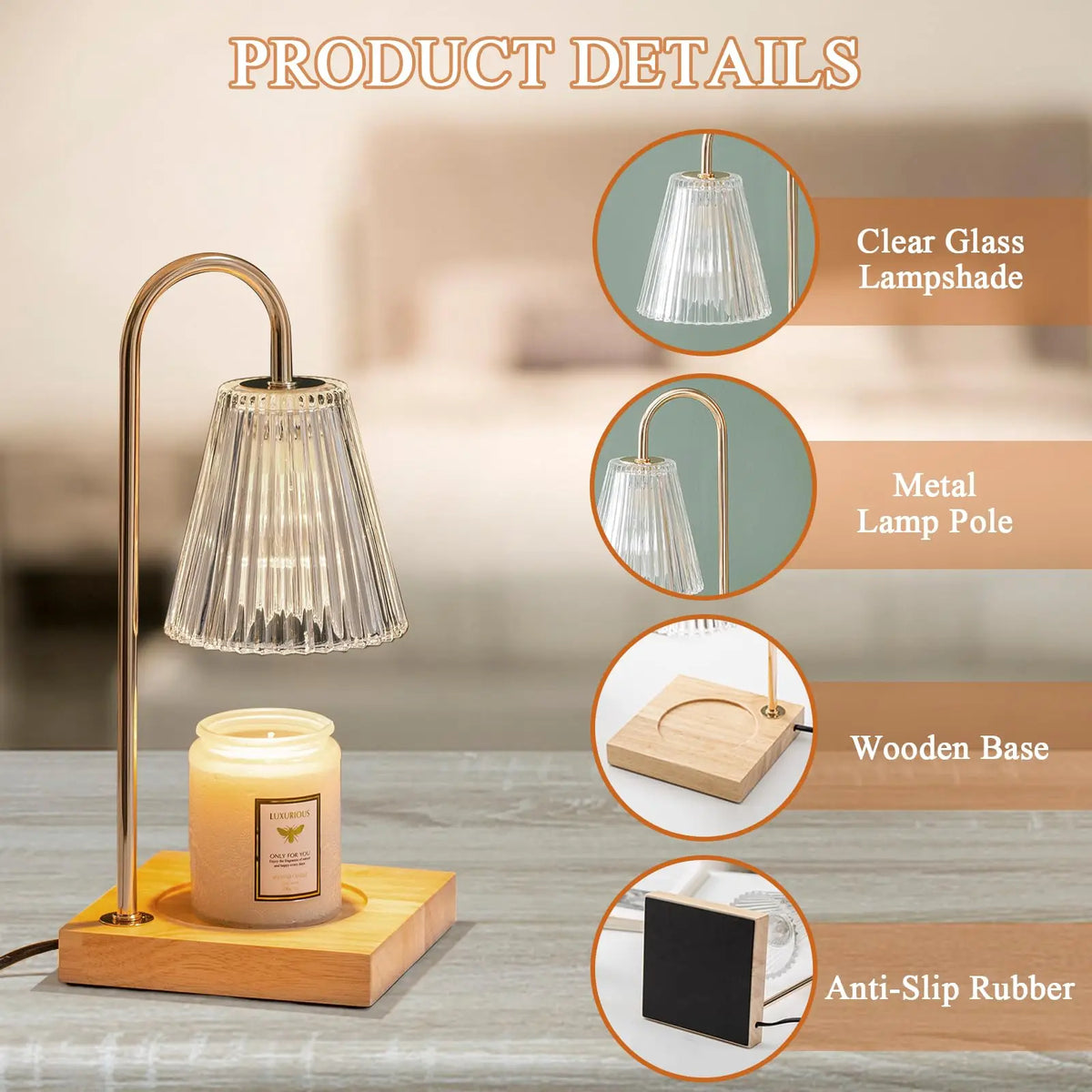 Gold Metal Candle Warmer Table Lamp for Jar Candles, US Plug - image 3