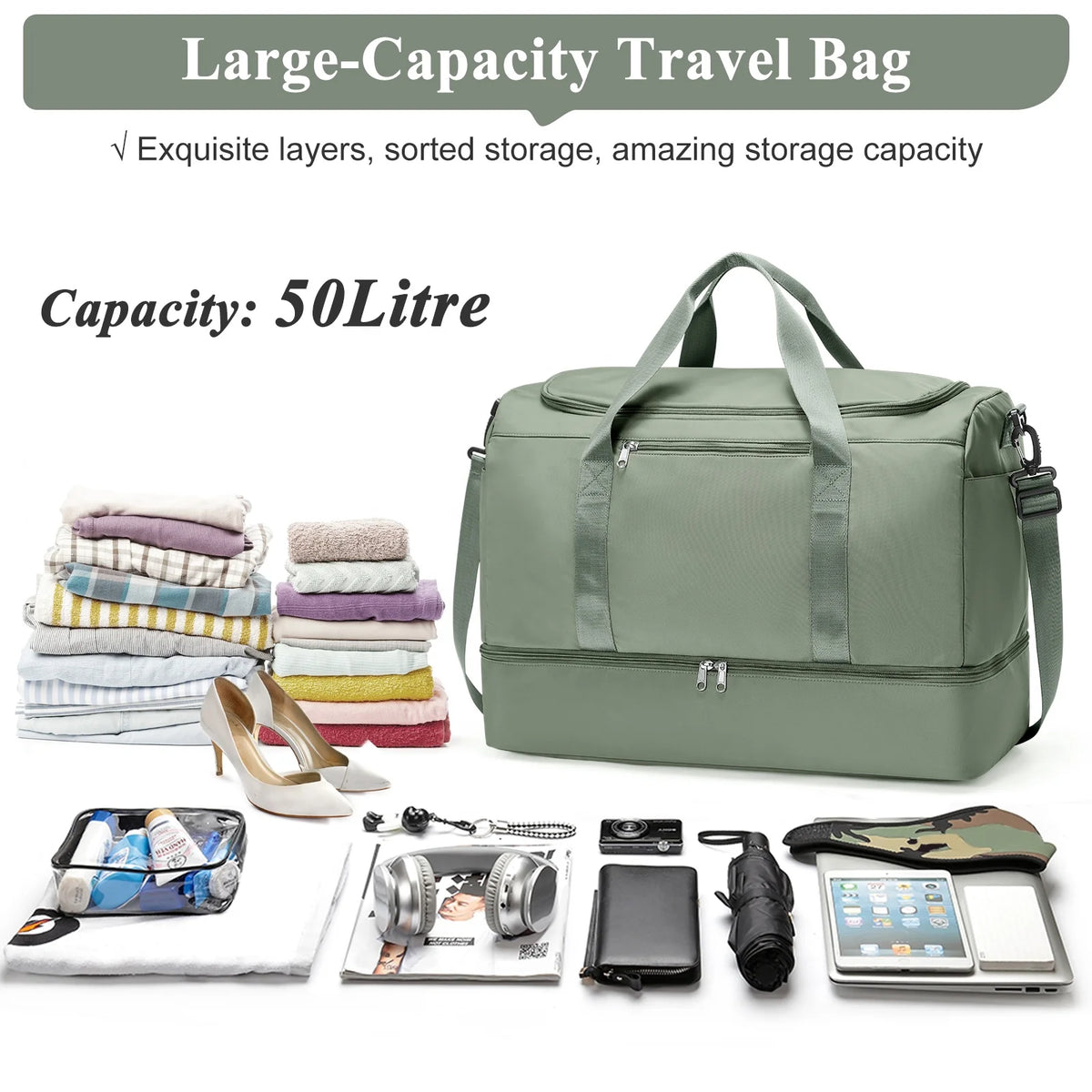 Large Weekender Duffel Bag with Shoe Compartment, 50 x 36 x 25 cm - image 2
