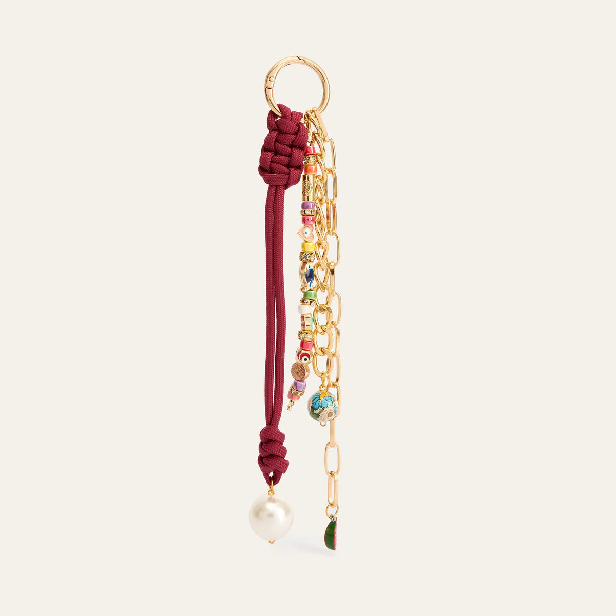 Retro Fabric Rope and Pearl Bag Charm with Duck, Heart or Strawberry