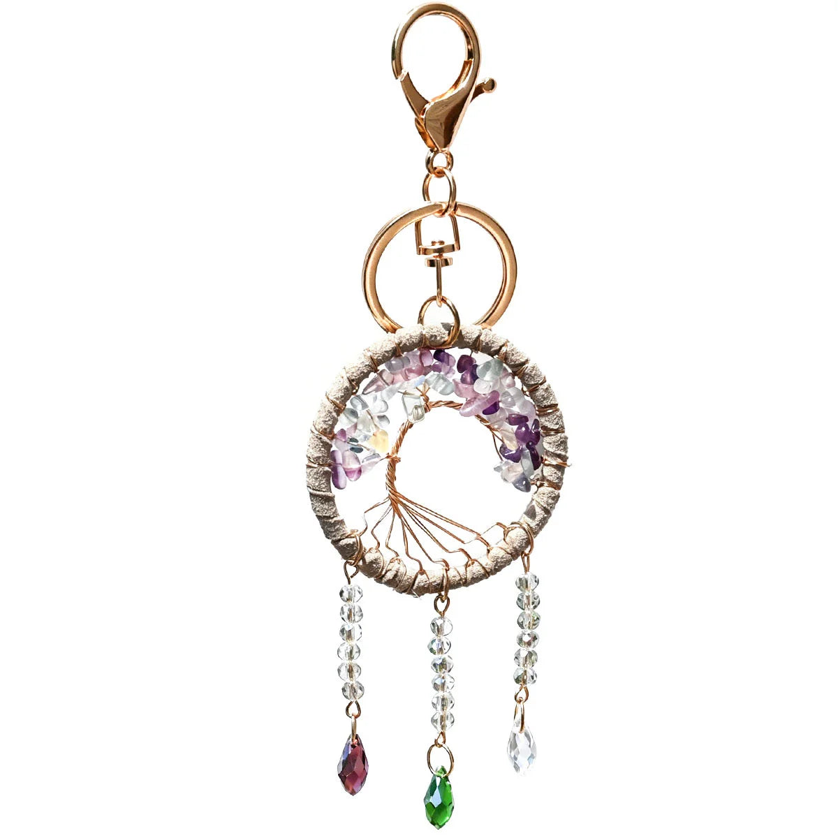 Natural Crystal Chip Tree of Life Key Ring with Tassel and Beads