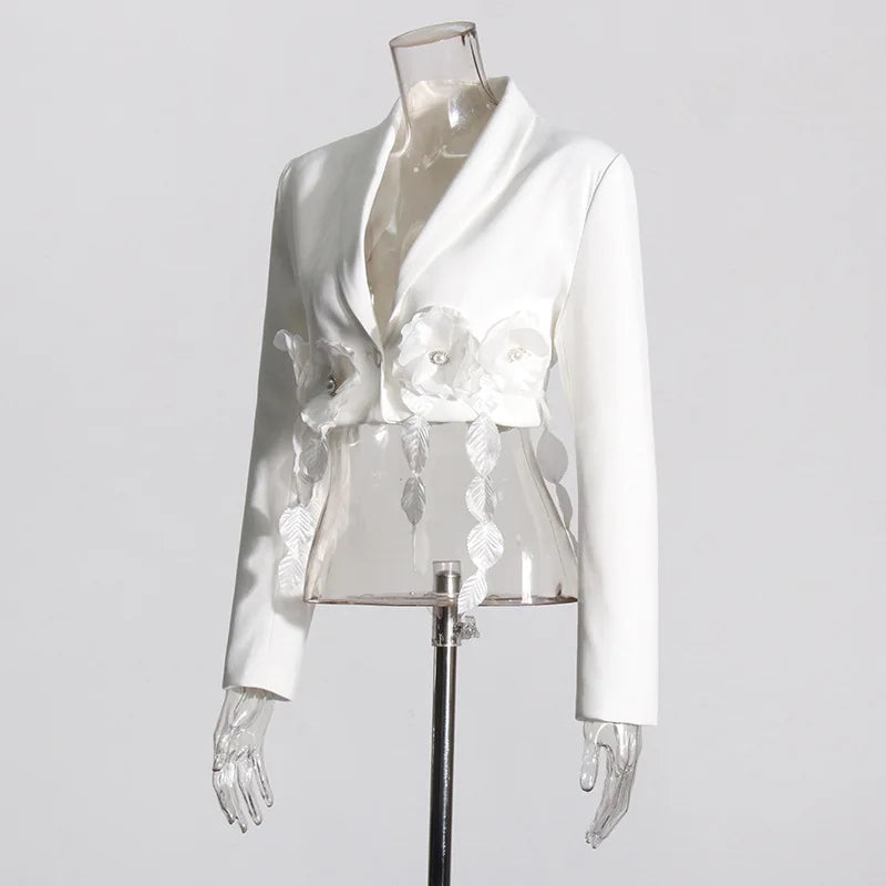 White Cropped Blazer with 3D Flower Ruffle and Crystal Details - image 4