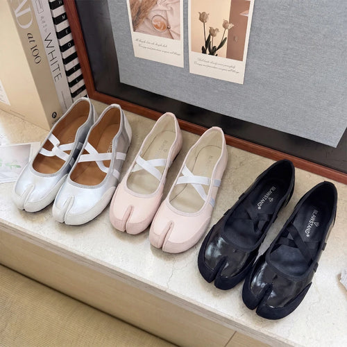 3CM Inner Height Increasing Women Tabi Cross Strap Mary Jane Shoes Split Toe Ballet Soft