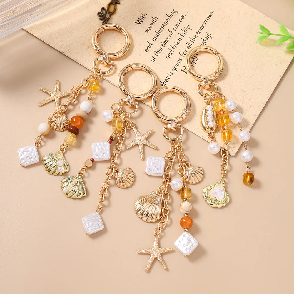 Pearl Beaded Starfish and Shell Keychain, Zinc Alloy Beach Charm - image 3