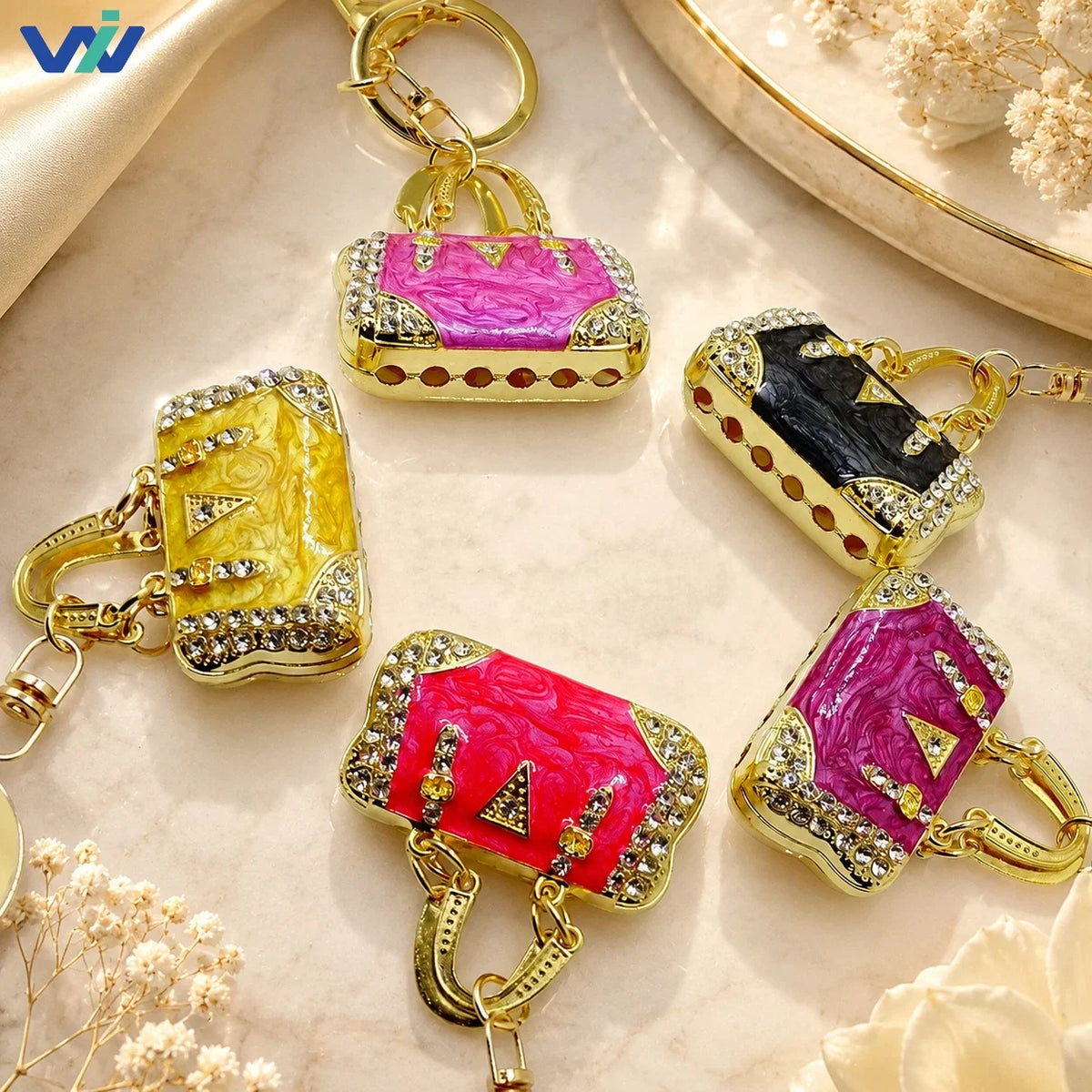 Enamel Mini Bag Keychain Charm with Rhinestones and Cloud Pattern - image 2