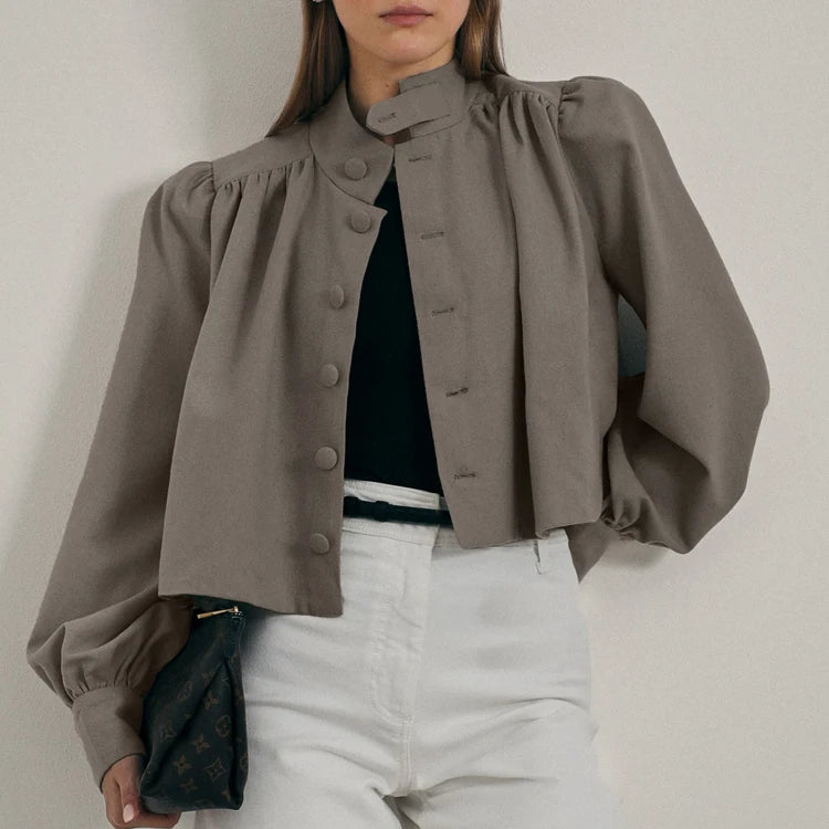 Khaki Linen-Blend Cropped Blazer Cardigan, Button-Up, S–L