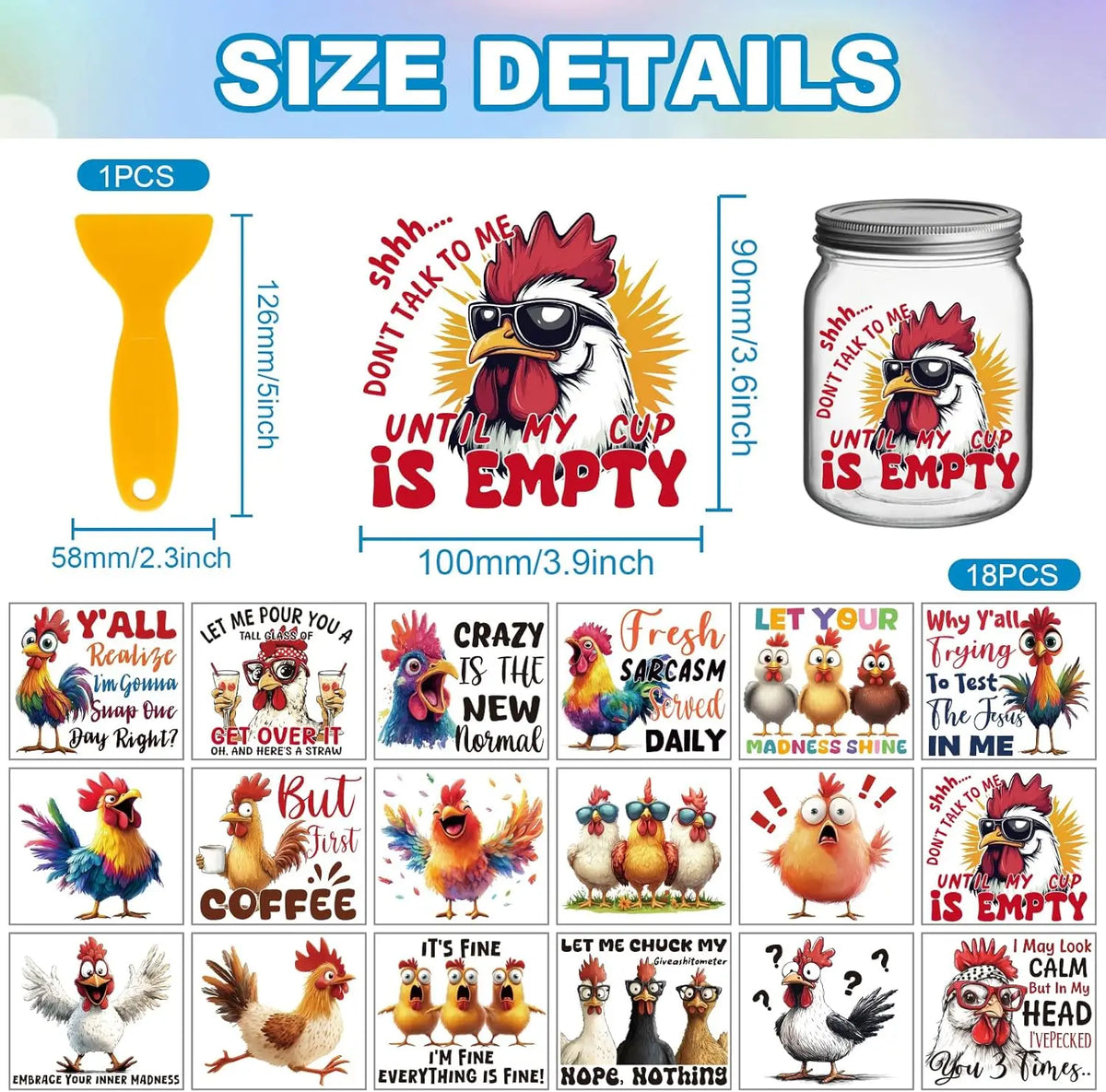 18 Sheets 3.9x3.6inch Funny Chicken Rub-On Transfers Colorful Rooster Vase Cup Wrap