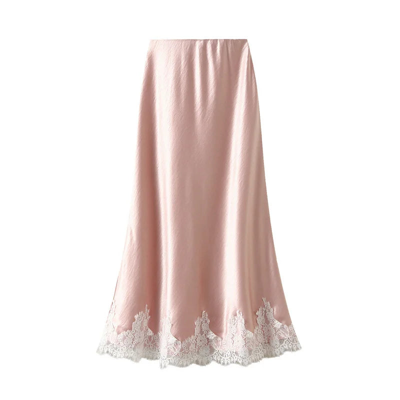 Satin Lace Patchwork Long Skirt with Elastic Waist, Ankle Length