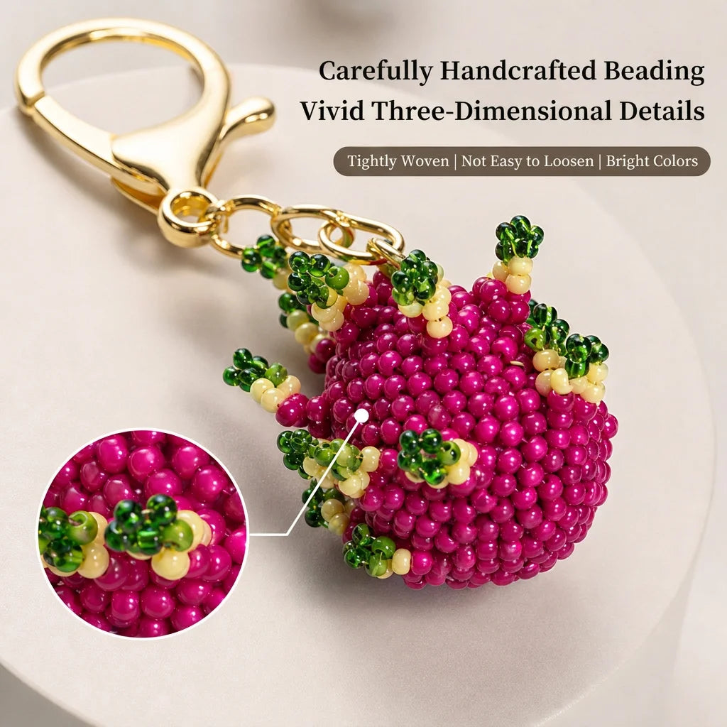 Handmade Beaded Dragon Fruit Keychain 3D Fruit Bag Charm Glass Bead Pendant Phone Chain