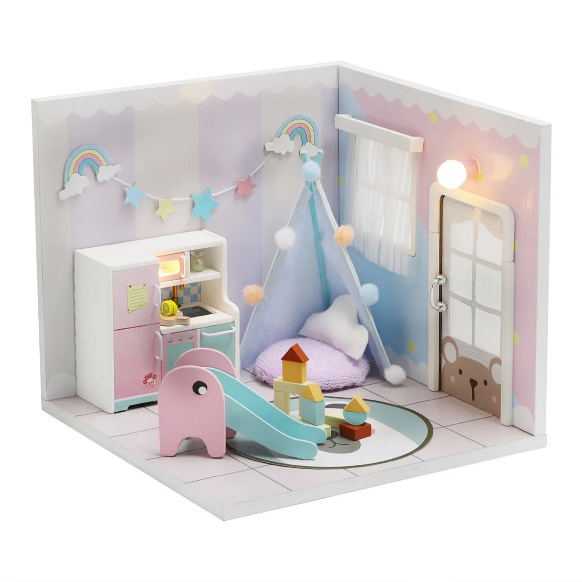 Playhouse Miniature House Set Wooden DIY Craft Model for Toy Furniture Toys Set Ages 14+