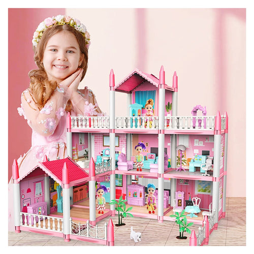 Big Plastic DIY Rattan Baby Doll House Kits Miniature Furniture Kitchen Price Toys Villa