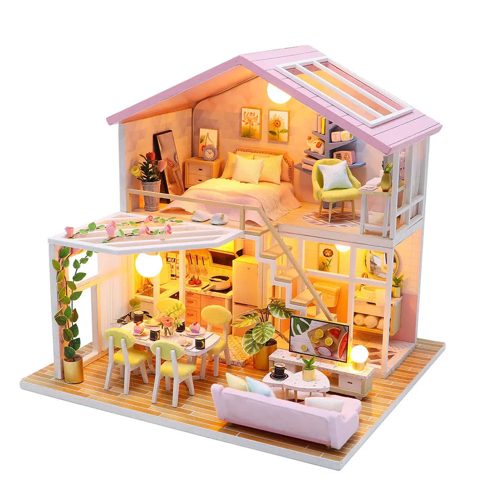 DIY Wooden Miniature House Building Kit with Doll House Furniture and Detailed Interior
