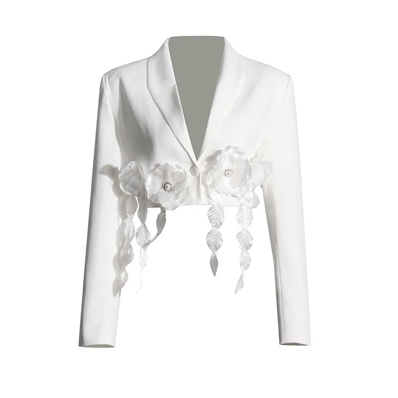 White Cropped Blazer with 3D Flower Ruffle and Crystal Details