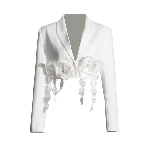 Ocstrade Elegant One Button Women White Blazer Suit Jacket 3D Flower Ruffle V Neck Long