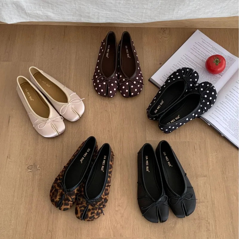 Satin Square Toe Flat Shoes Ballet Flat Shoes Split Toe Butterfly Bow Rainbow Color Pearl