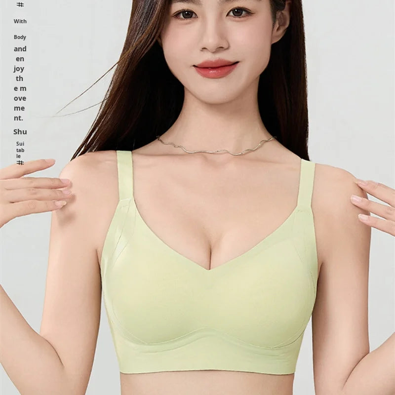 Seamless Solid Pattern Bra Wire-Free Fixed Sliding Cup Underwear Breast-Retracting Jelly
