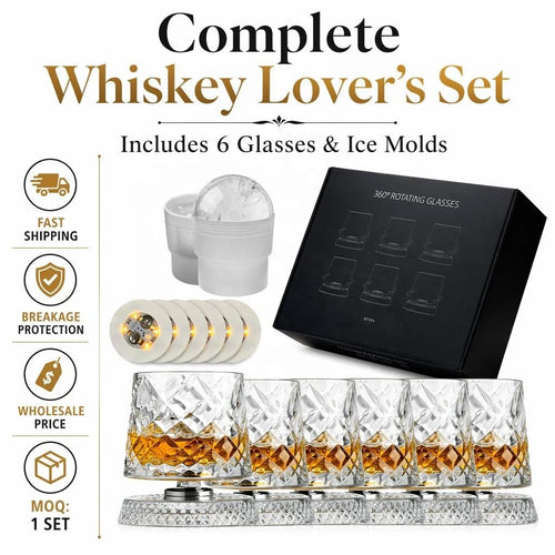 Luxury Crystal Rotating Whiskey Glass Set with Black Box Diamond Texture Old Fashioned