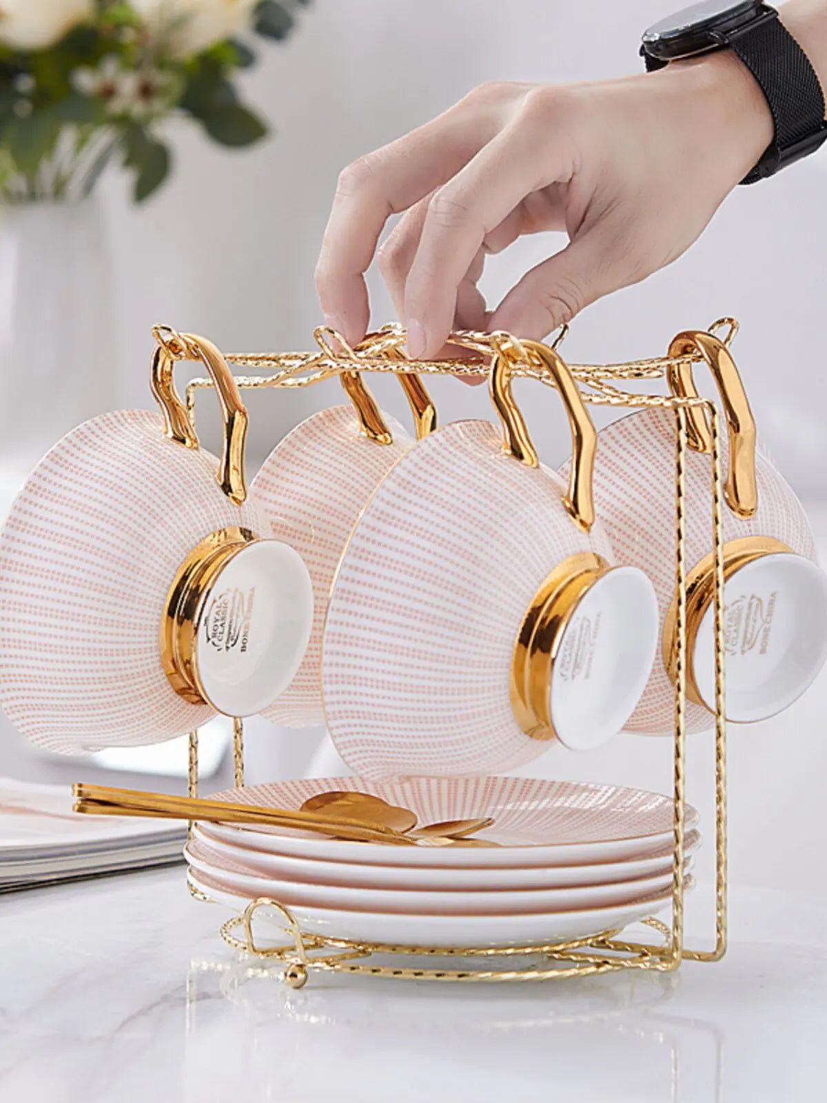 Nordic Striped Bone China Cup and Saucer Set with Golden Spoon - image 3