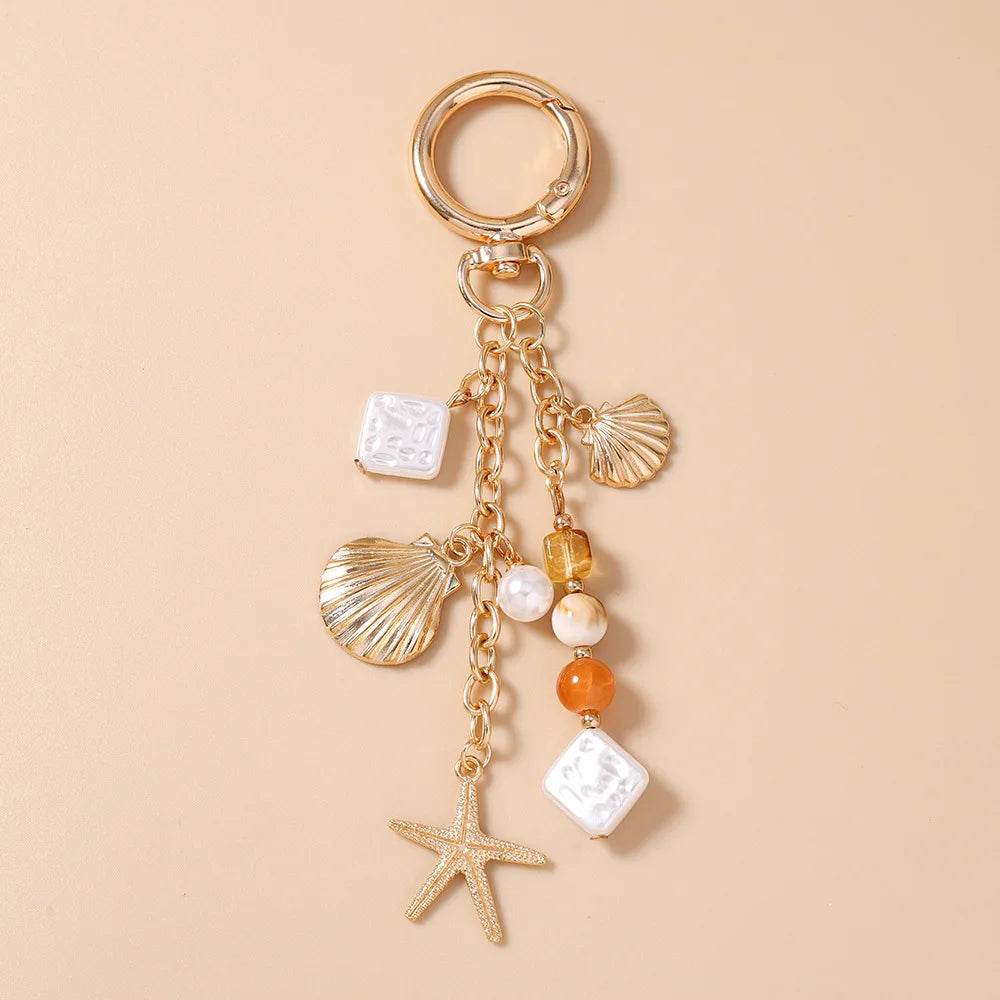 Pearl Beaded Starfish and Shell Keychain, Zinc Alloy Beach Charm - image 9