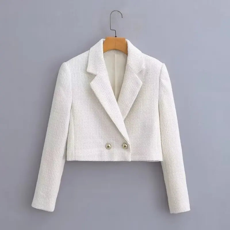Double-Breasted Cropped Blazer with Notched Collar, 220 g Woven