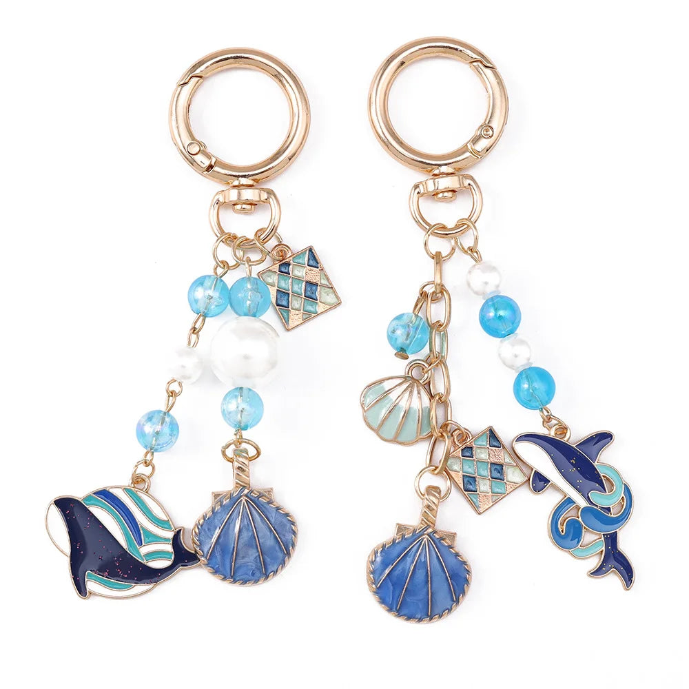 Fashion Ocean Keychain Shell Whale Shark Metal Charms Keyring Pearl Beaded Dangle Beach